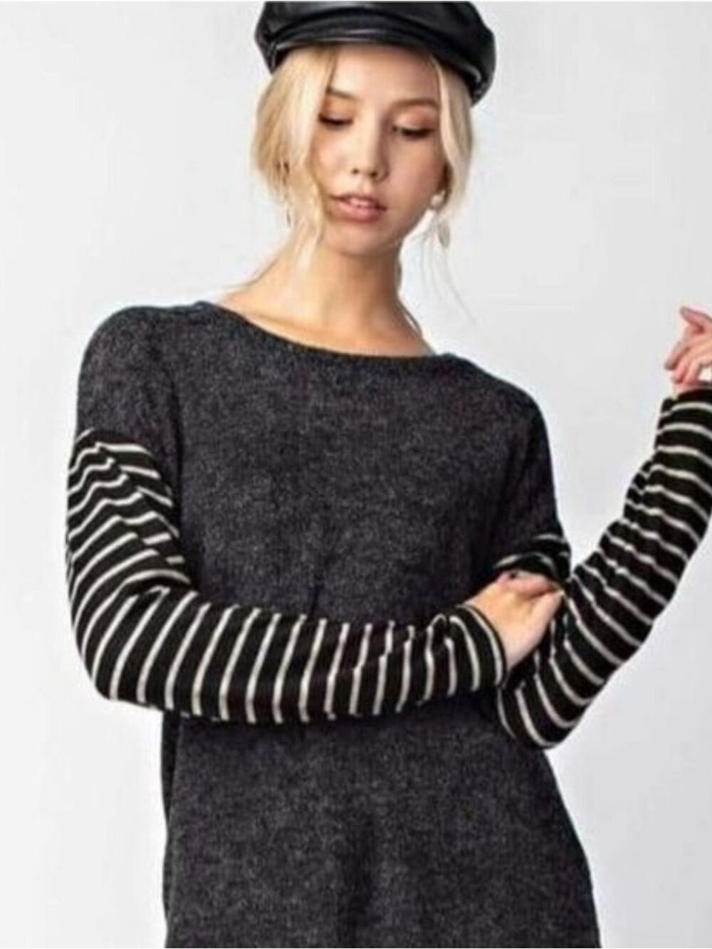 12 PM BY MON AMI TERRY Cloth Top with striped miru sleeves Size Large NWT